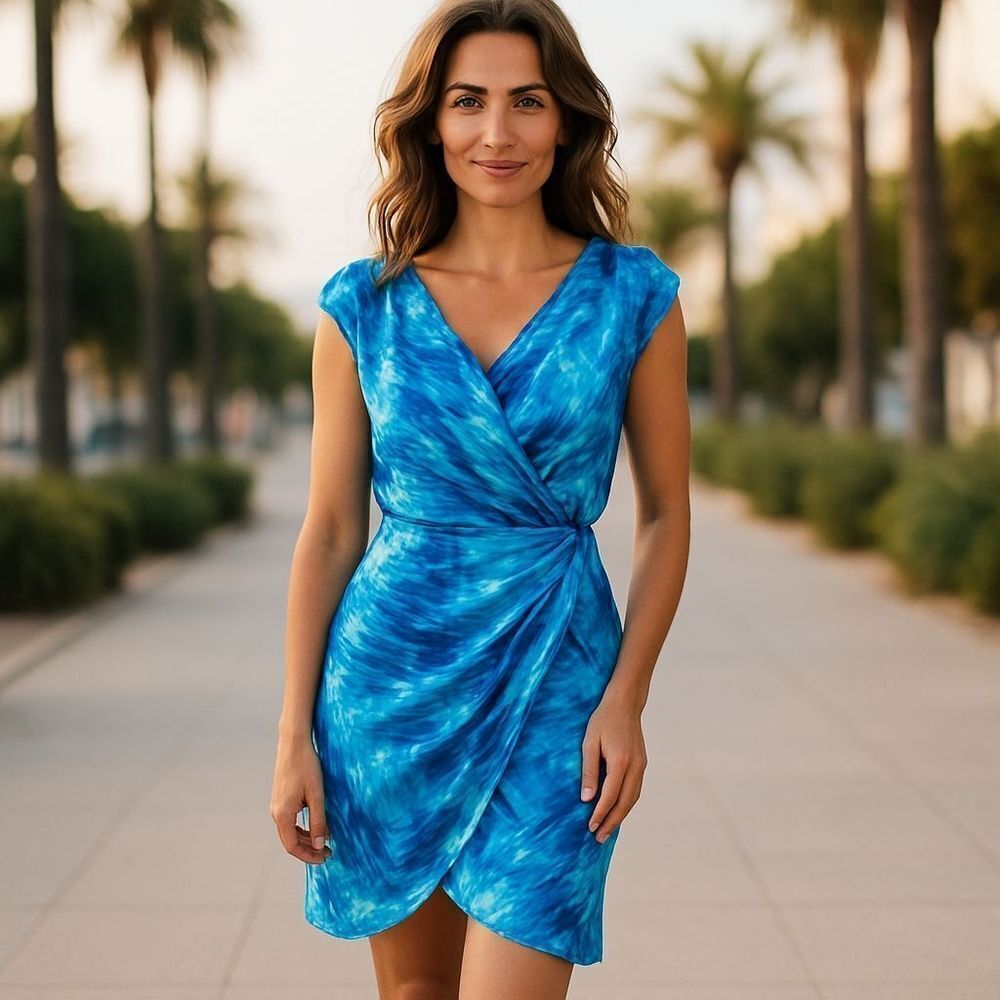 Studio Y Ladies Blue Summer Sleeveless Faux Wrap Blouson Dress Size S